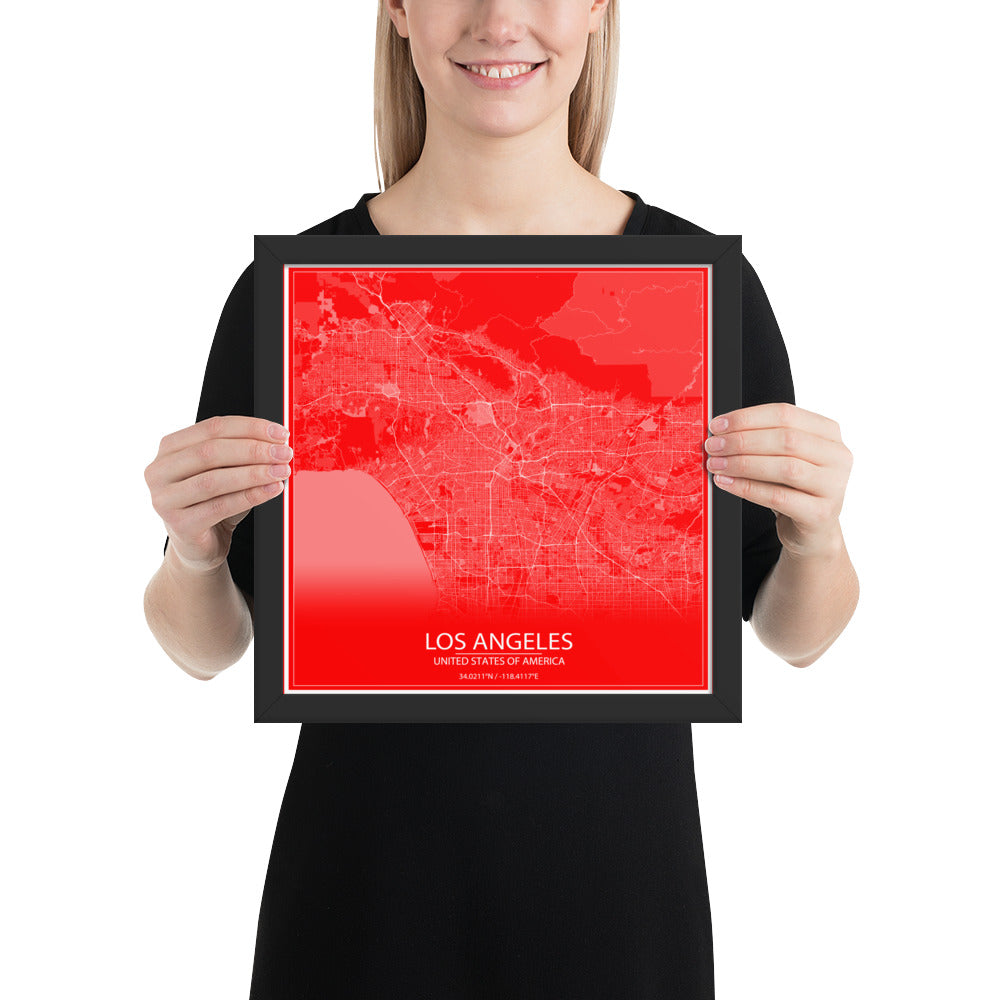 Los Angeles Red and White Framed Map