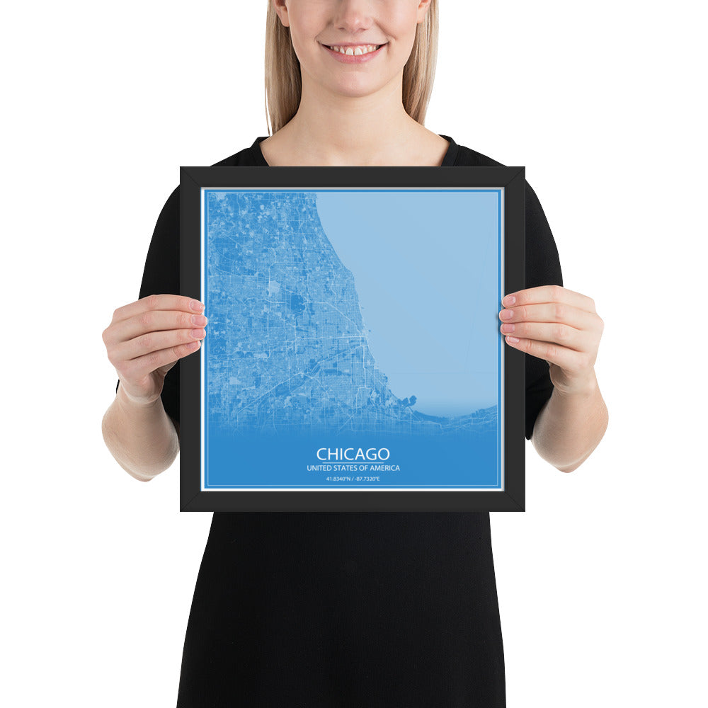 Chicago Blue and White Framed Map