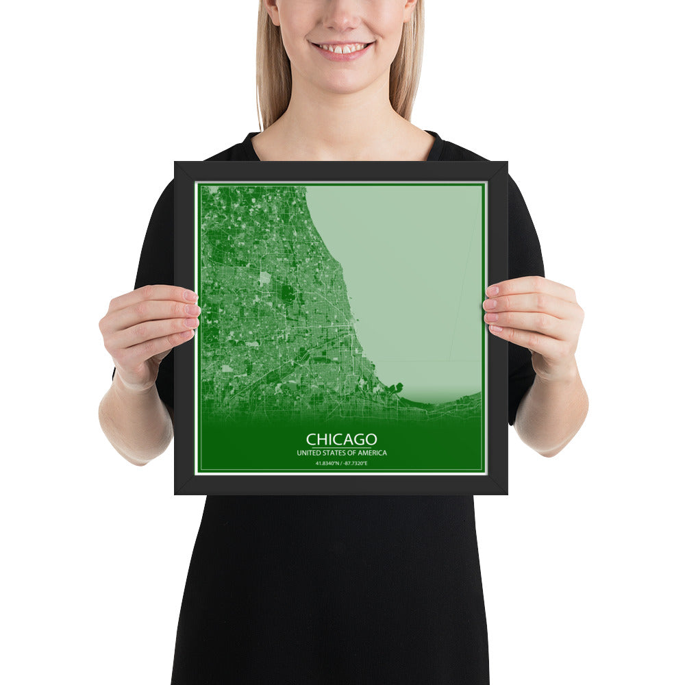 Chicago Green and White Framed Map