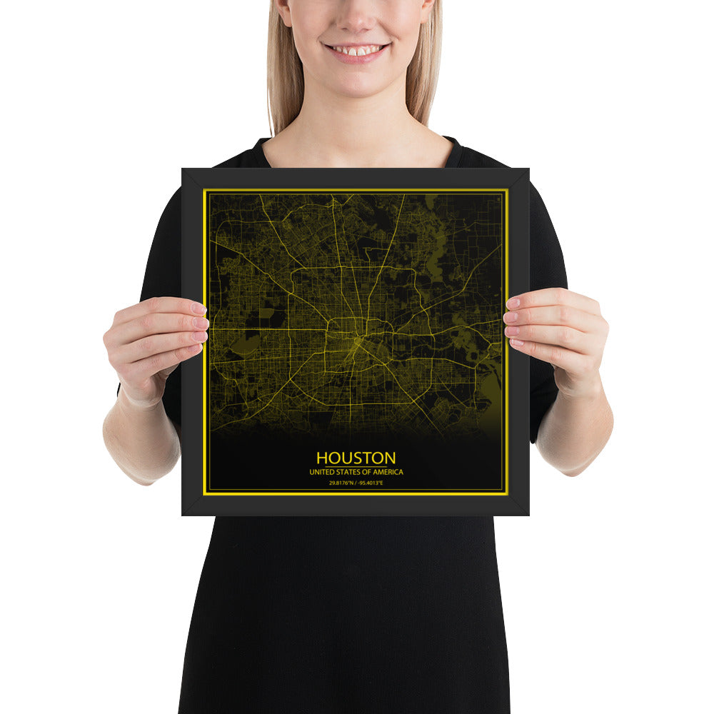 Houston Black and Yellow Framed Map