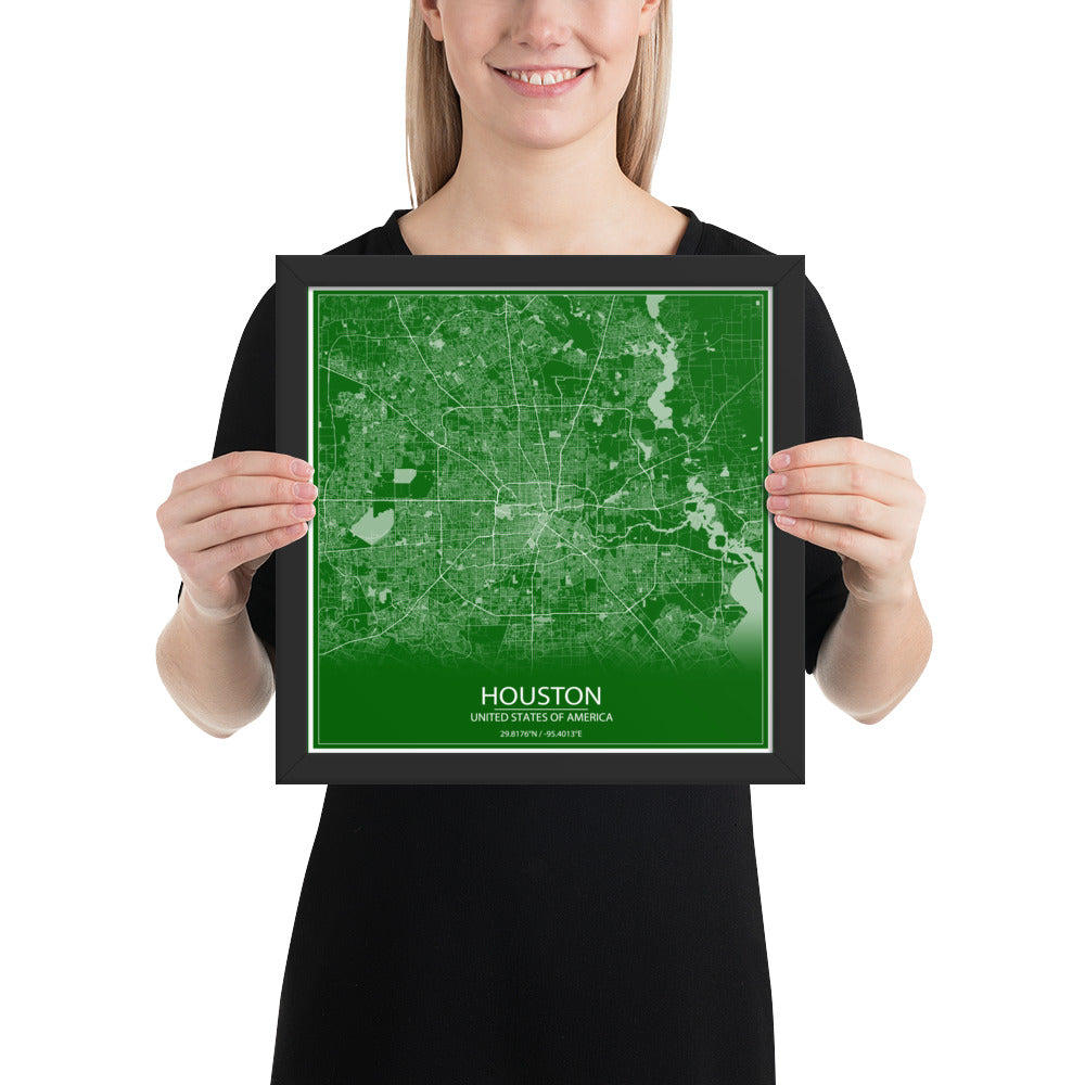 Houston Green and White Framed Map