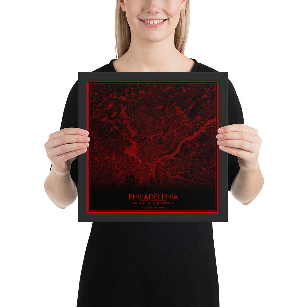 Philadelphia Black and Red Framed Map