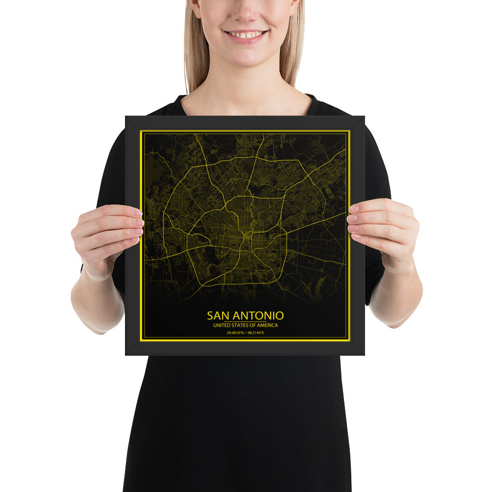 San Antonio Black and Yellow Framed Map