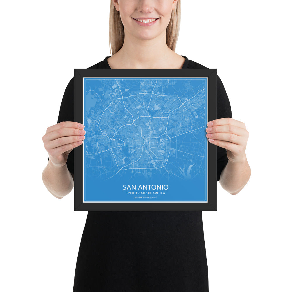 San Antonio Blue and White Framed Map