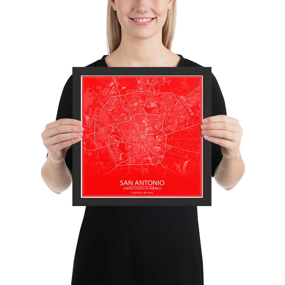 San Antonio Red and White Framed Map