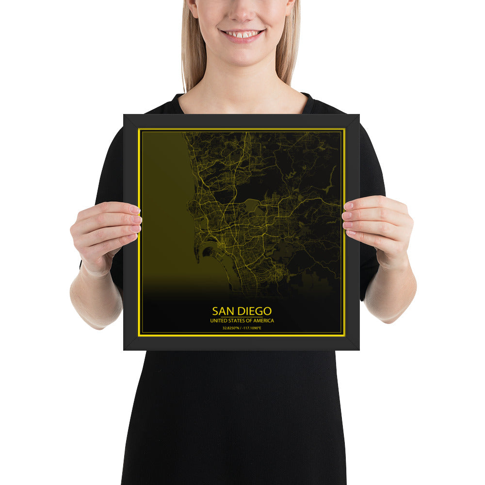 San Diego Black and Yellow Framed Map