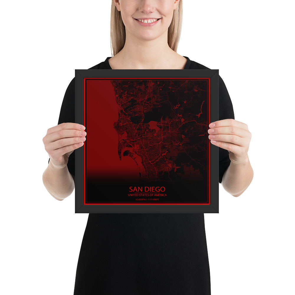 San Diego Black and Red Framed Map