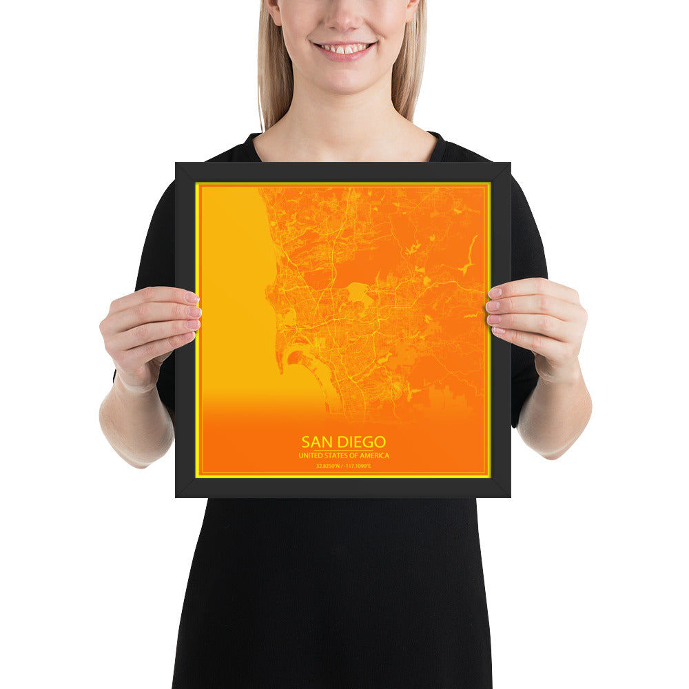 San Diego Orange and Yellow Framed Map