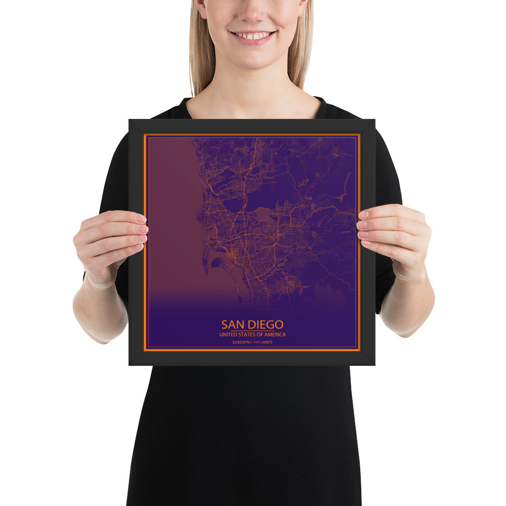 San Diego Purple and Orange Framed Map