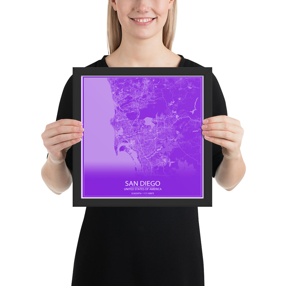 San Diego Purple and White Framed Map