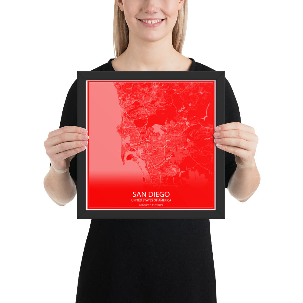 San Diego Red and White Framed Map