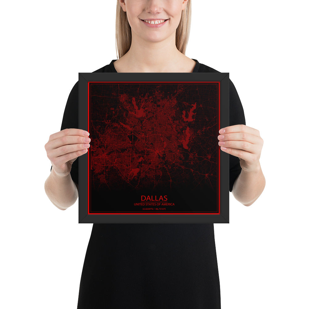 Dallas Black and Red Framed Map