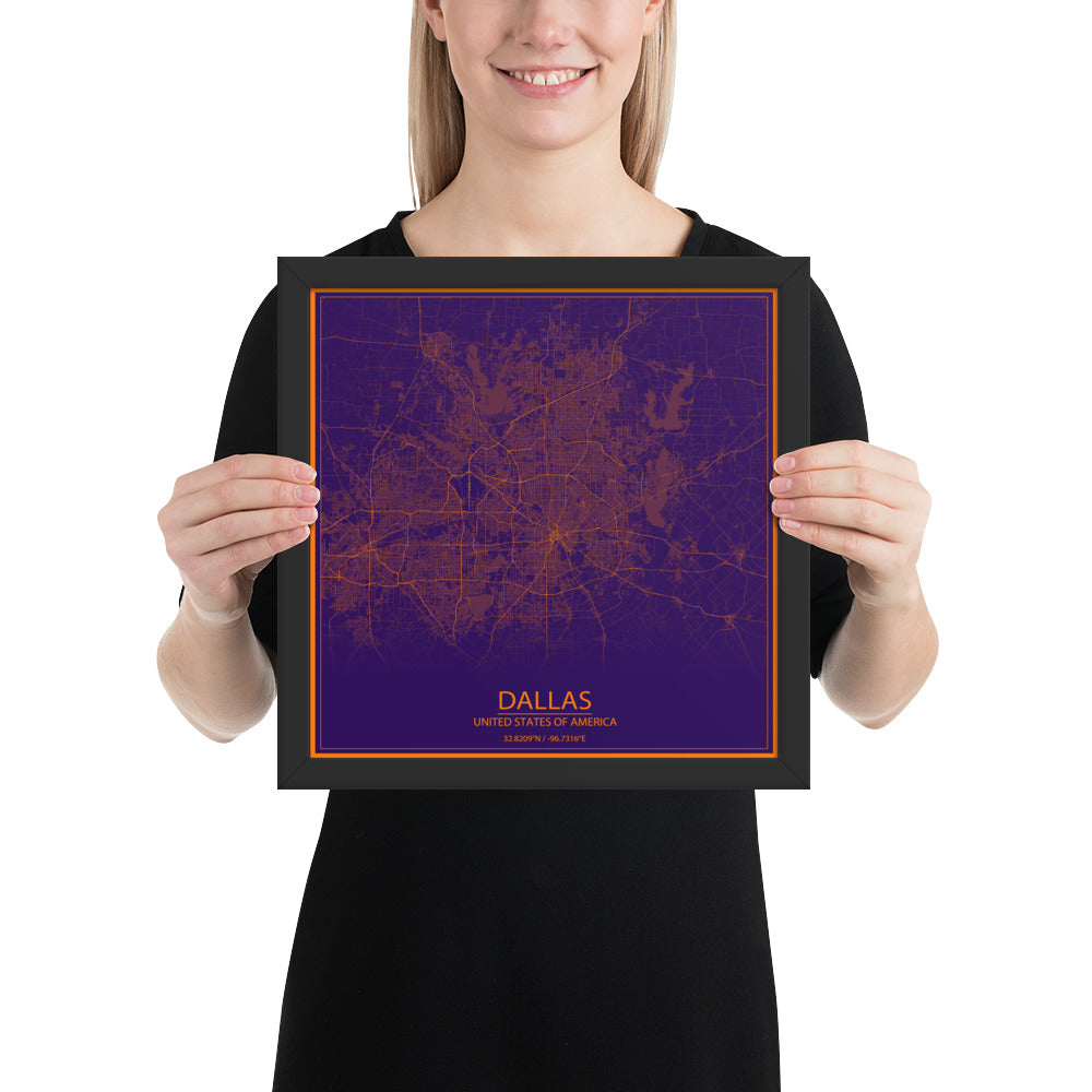 Dallas Purple and Orange Framed Map