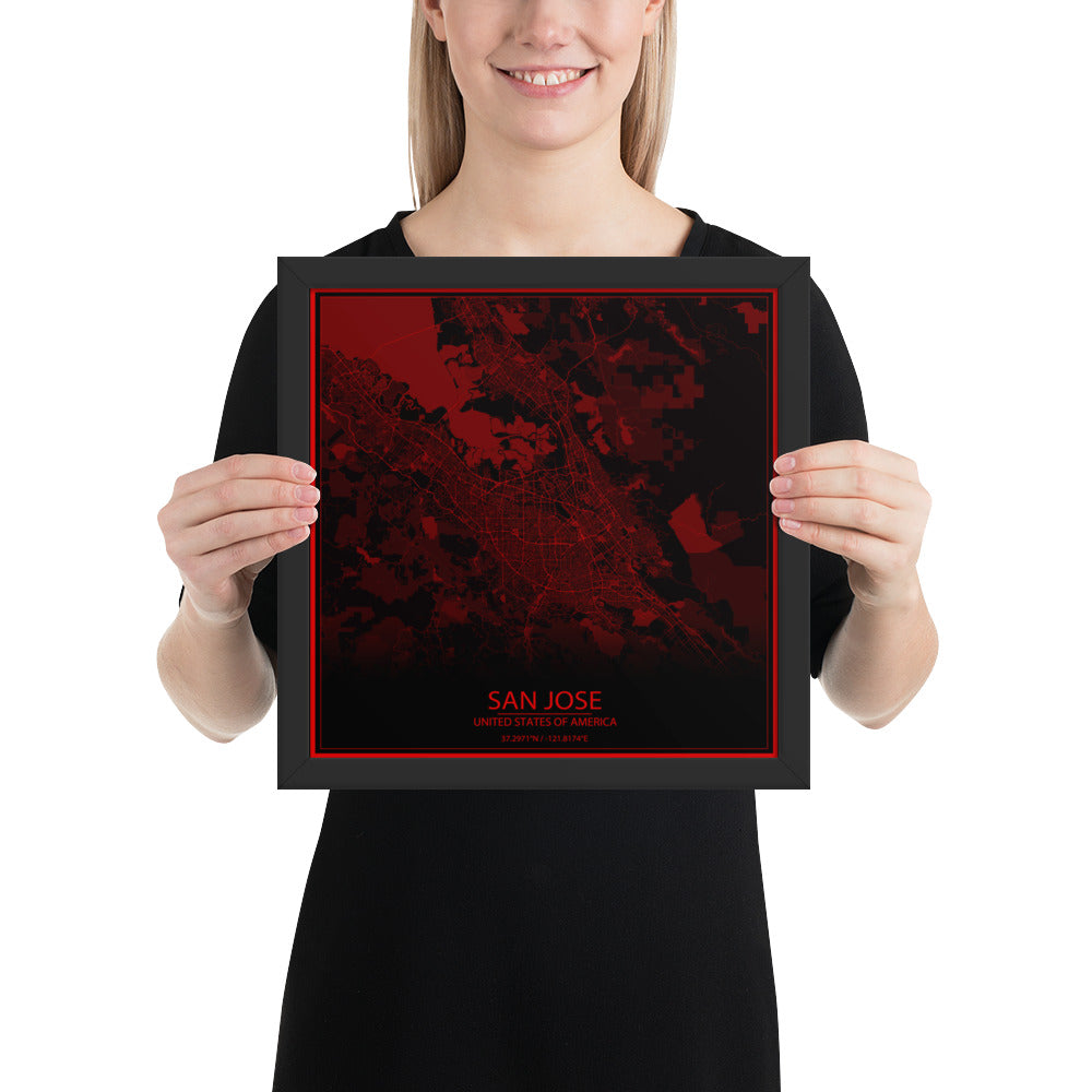 San Jose Black and Red Framed Map