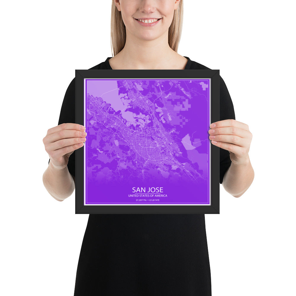 San Jose Purple and White Framed Map