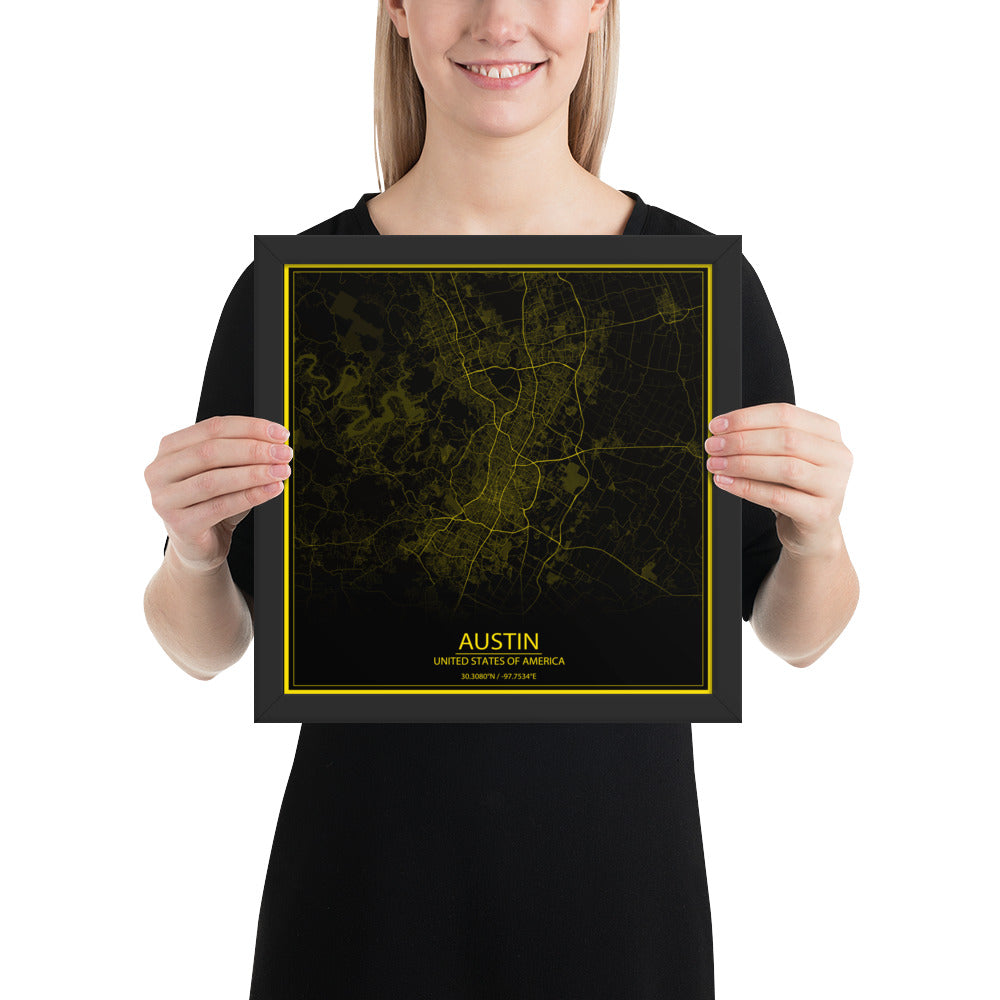 Austin Black and Yellow Framed Map