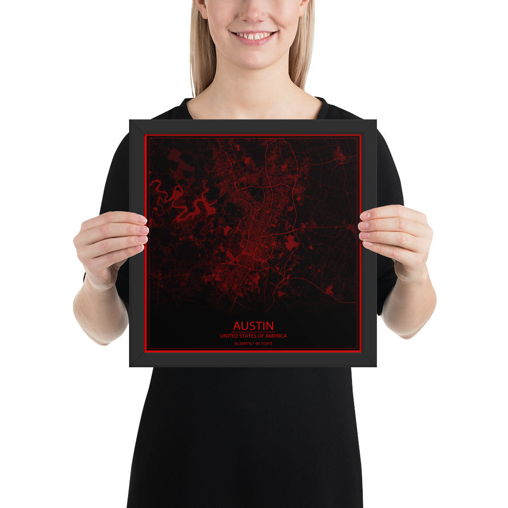 Austin Black and Red Framed Map