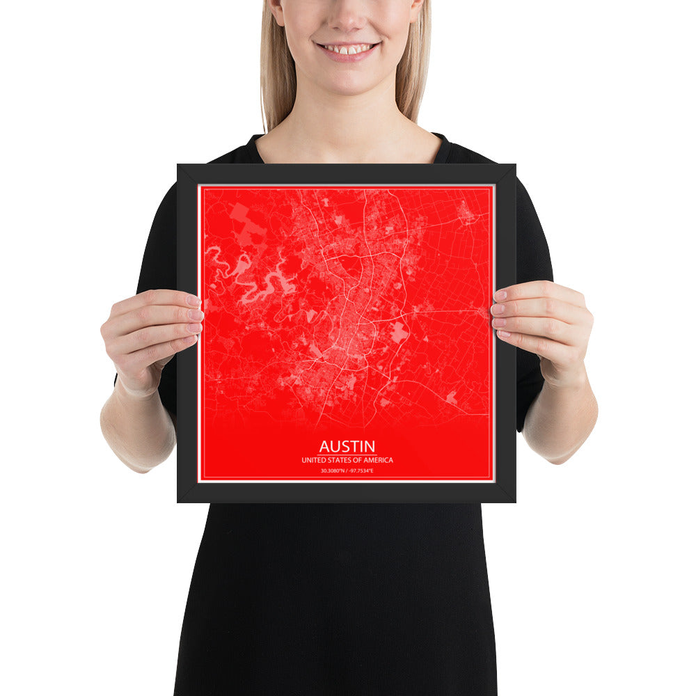 Austin Red and White Framed Map