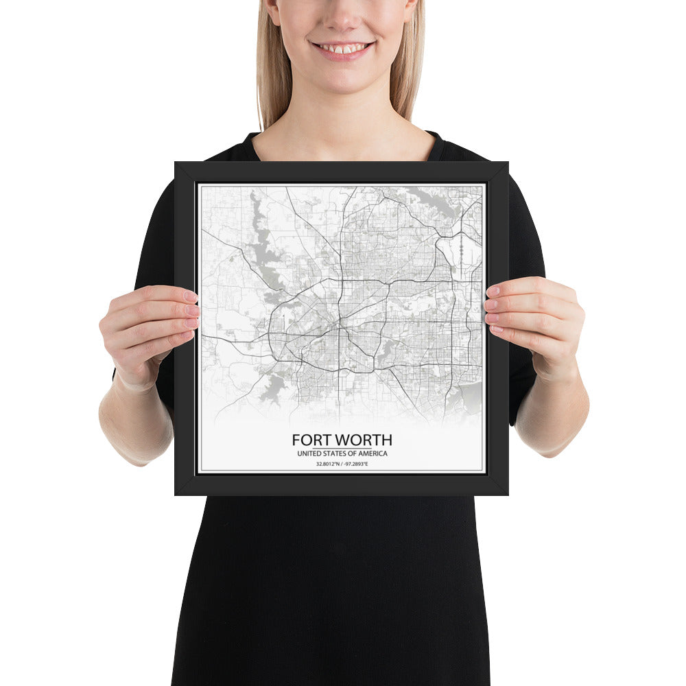 Fort Worth White Framed Map