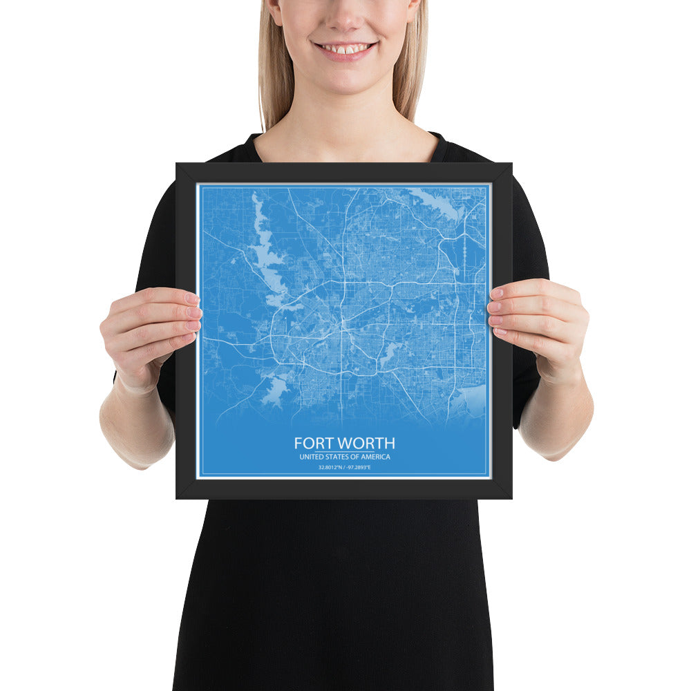 Fort Worth Blue and White Framed Map