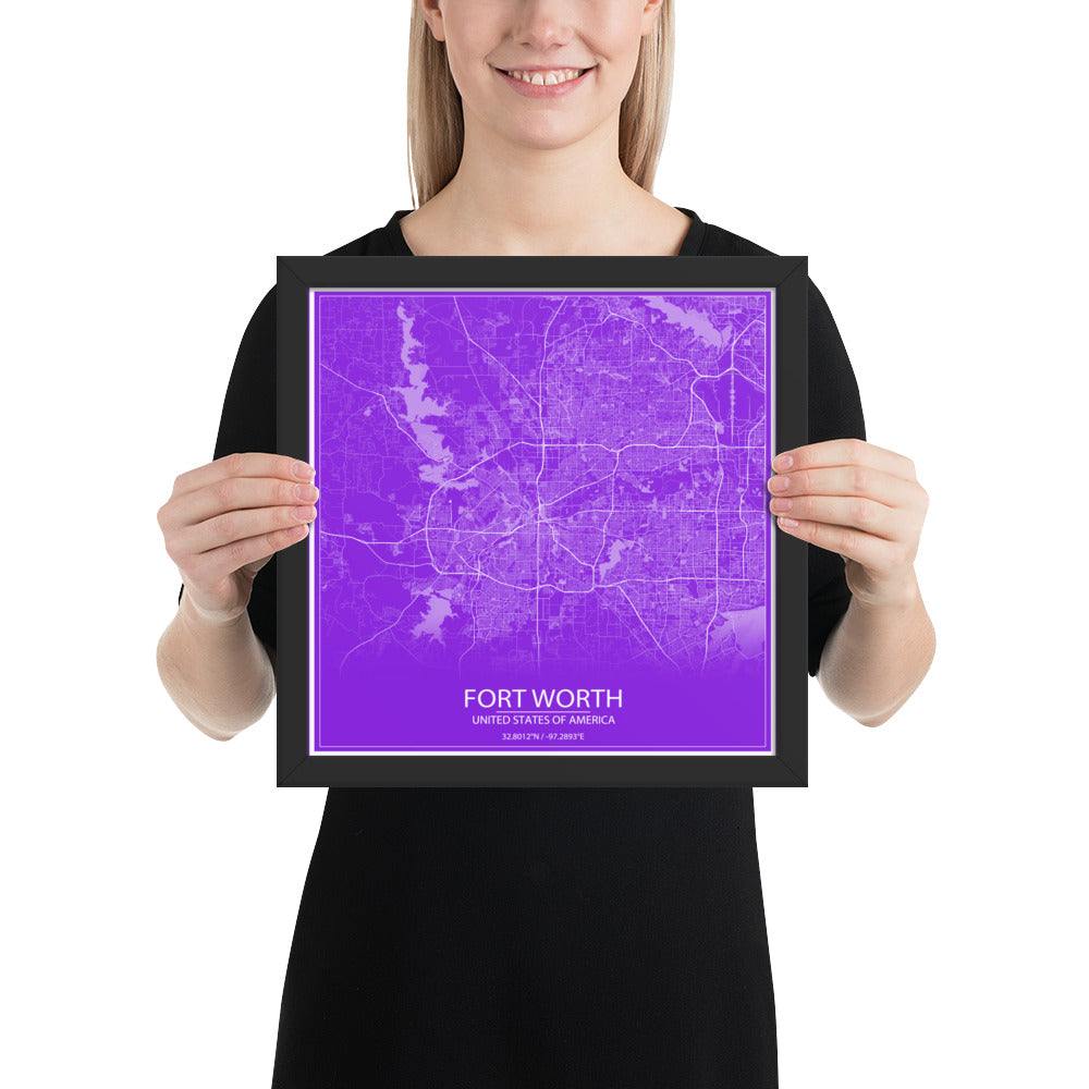 Fort Worth Purple and White Framed Map