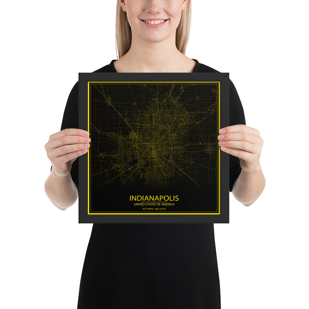 Indianapolis Black and Yellow Framed Map