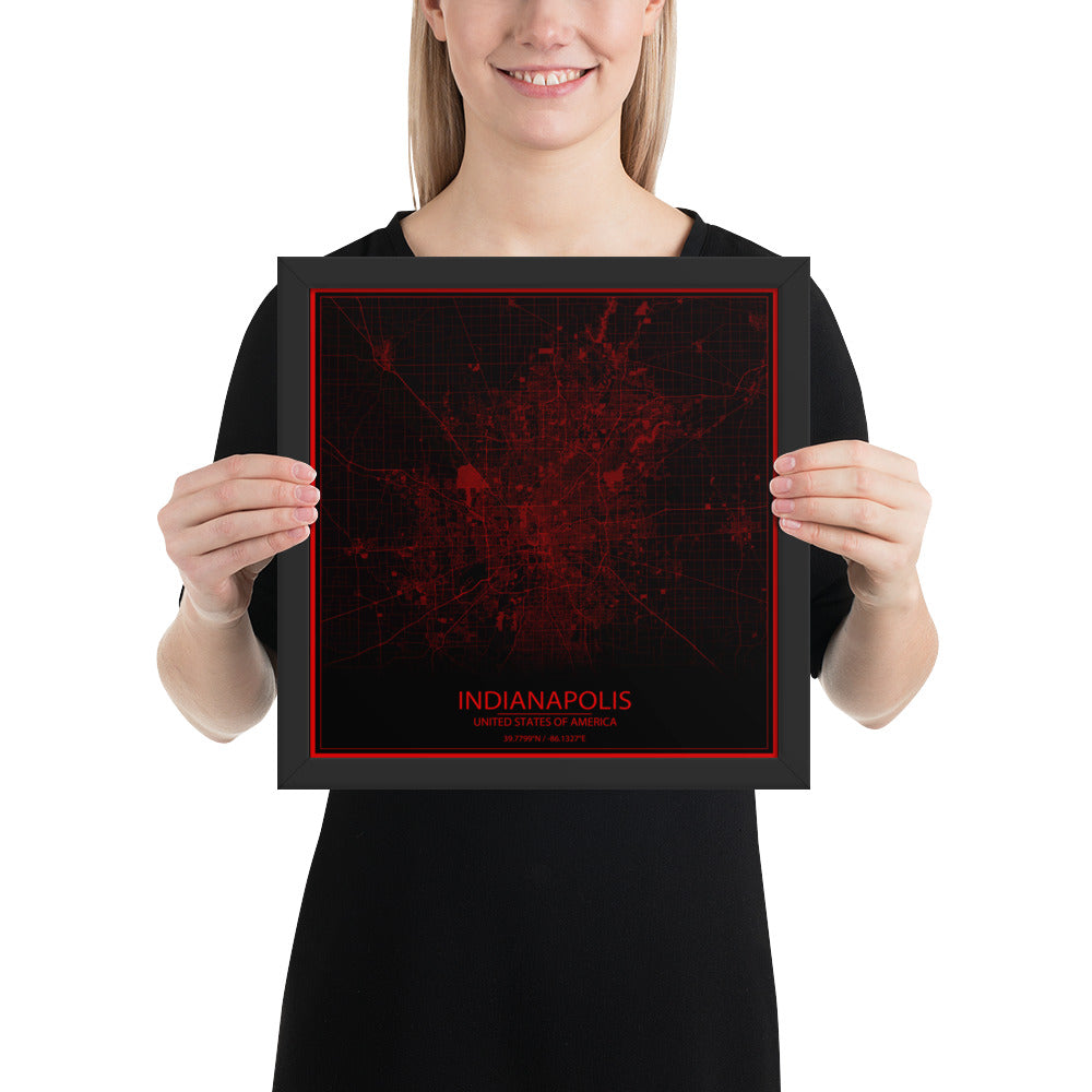 Indianapolis Black and Red Framed Map