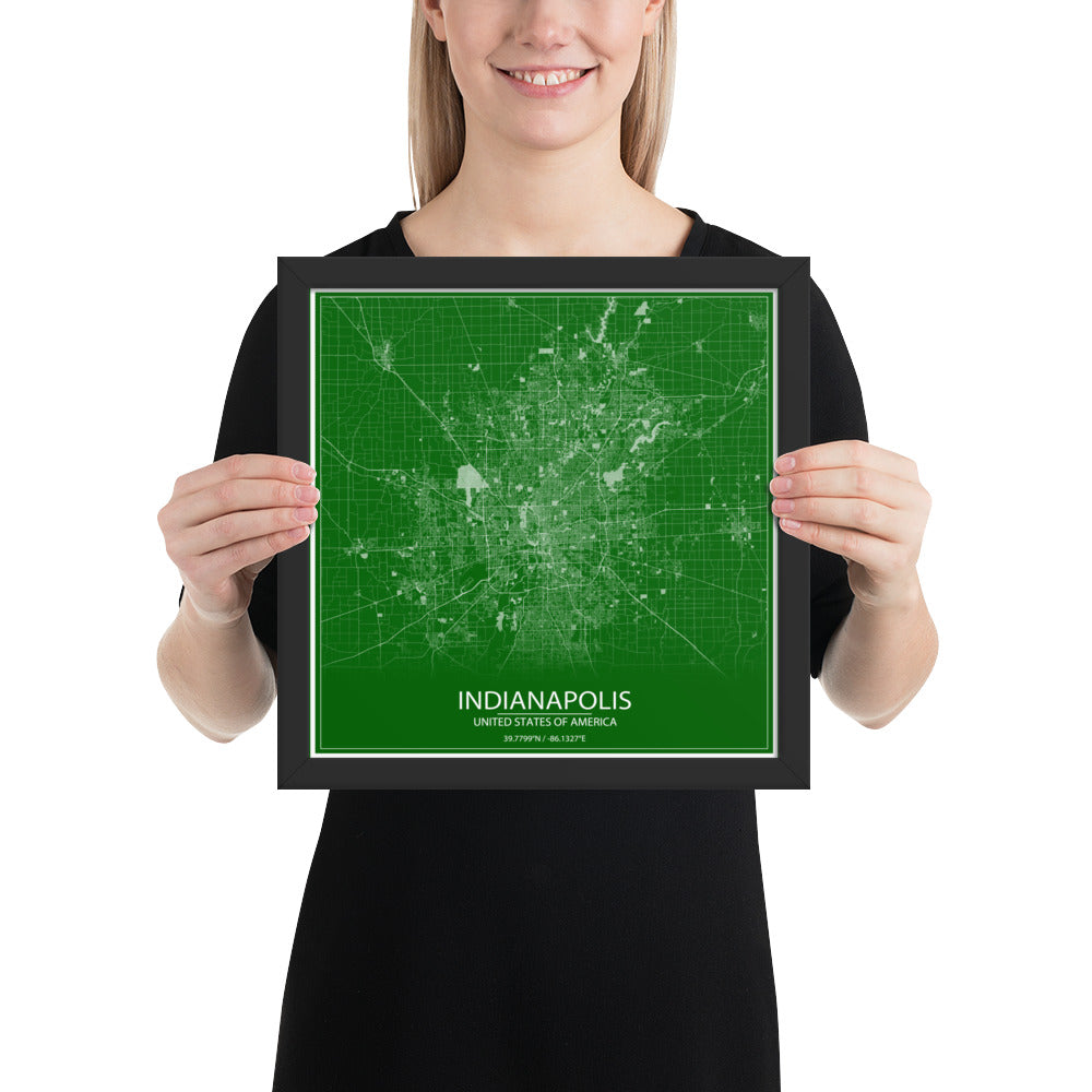 Indianapolis Green and White Framed Map