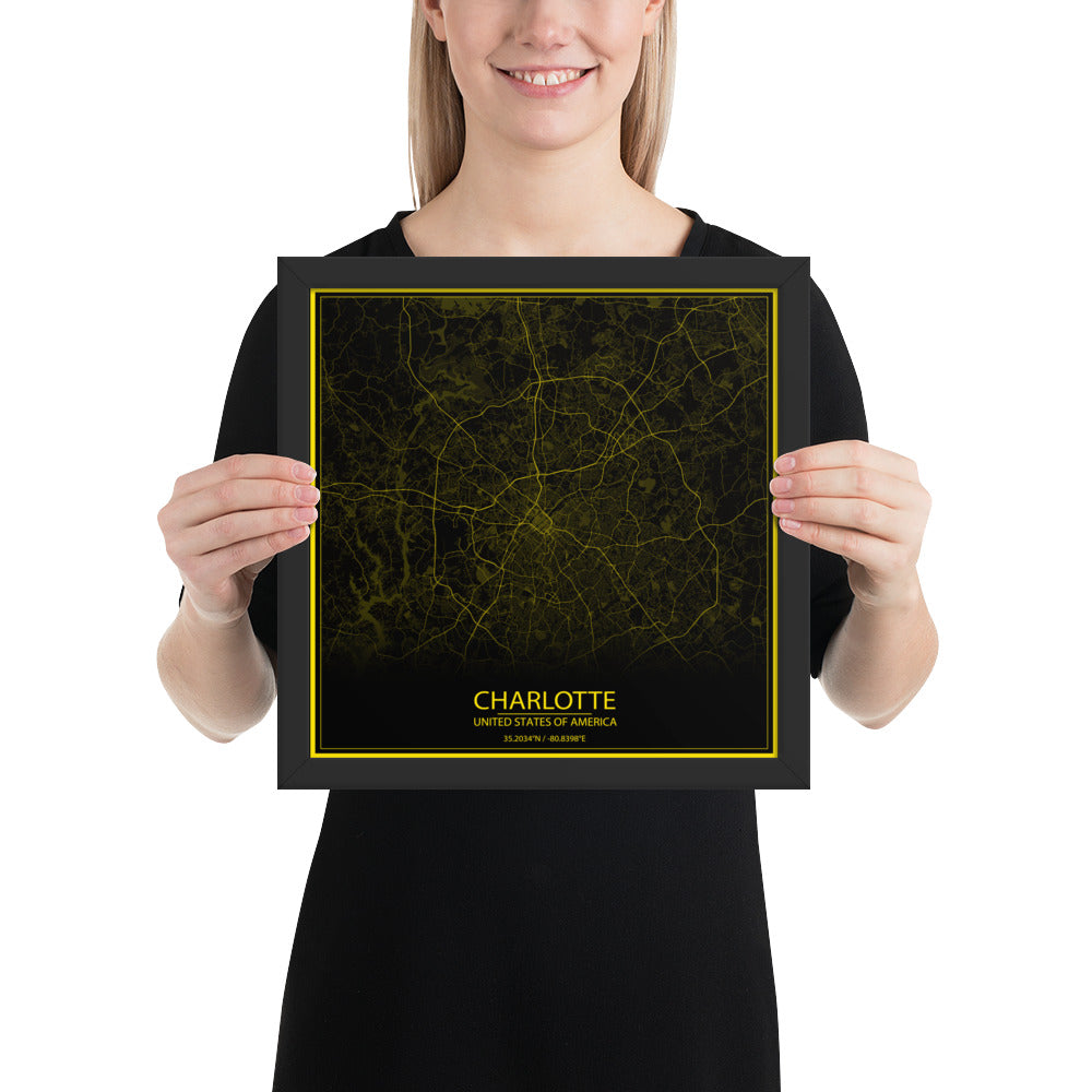 Charlotte Black and Yellow Framed Map