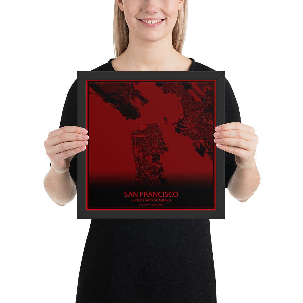 San Francisco Black and Red Framed Map