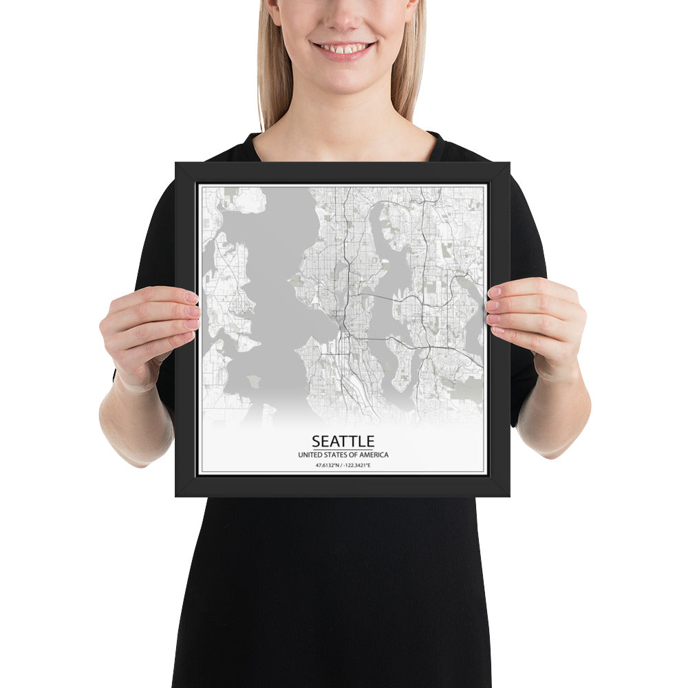 Seattle White Framed Map