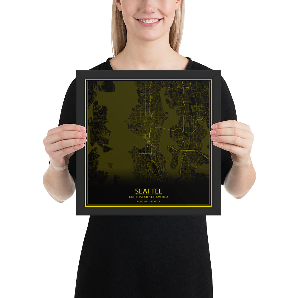 Seattle Black and Yellow Framed Map