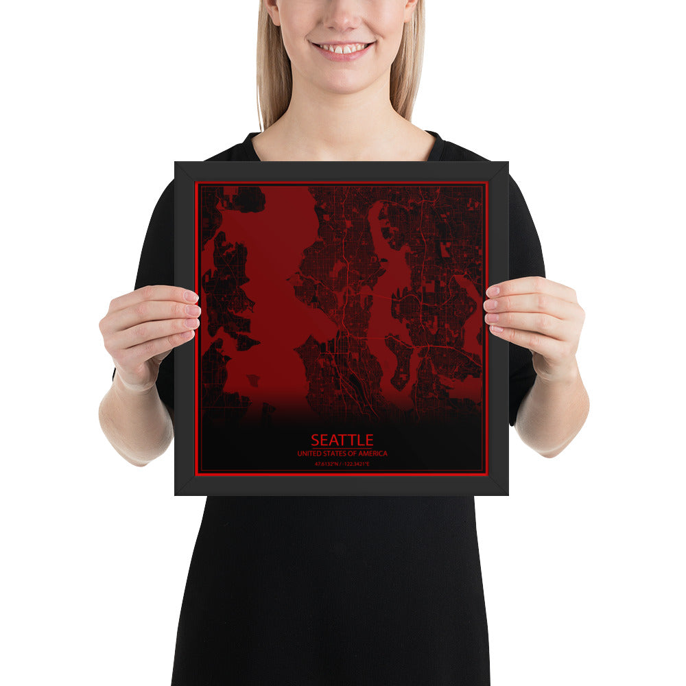 Seattle Black and Red Framed Map