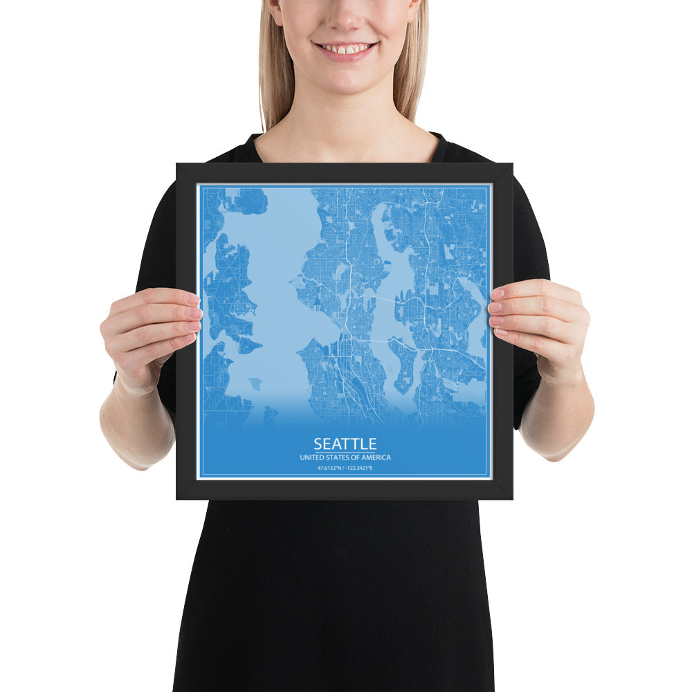 Seattle Blue and White Framed Map