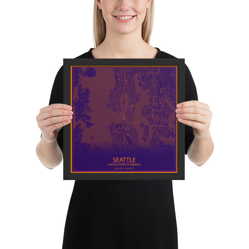 Seattle Purple and Orange Framed Map