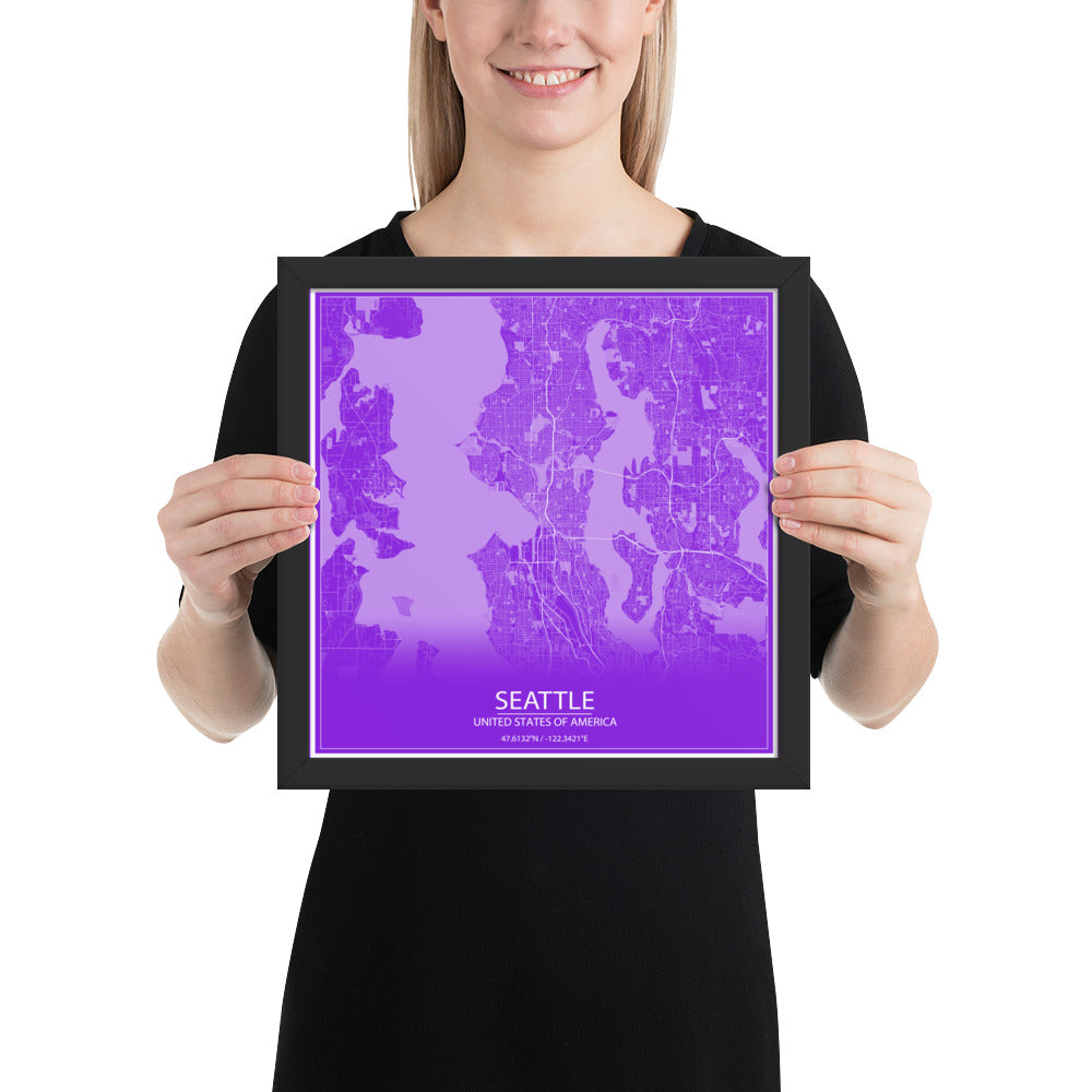 Seattle Purple and White Framed Map