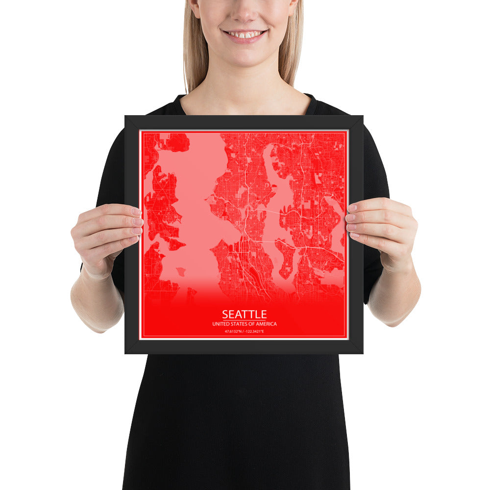 Seattle Red and White Framed Map