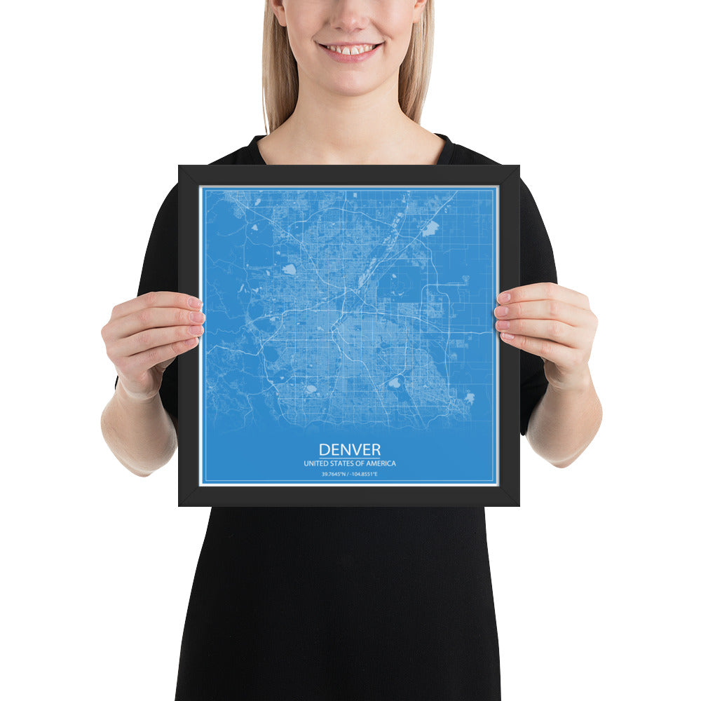 Denver Blue and White Framed Map