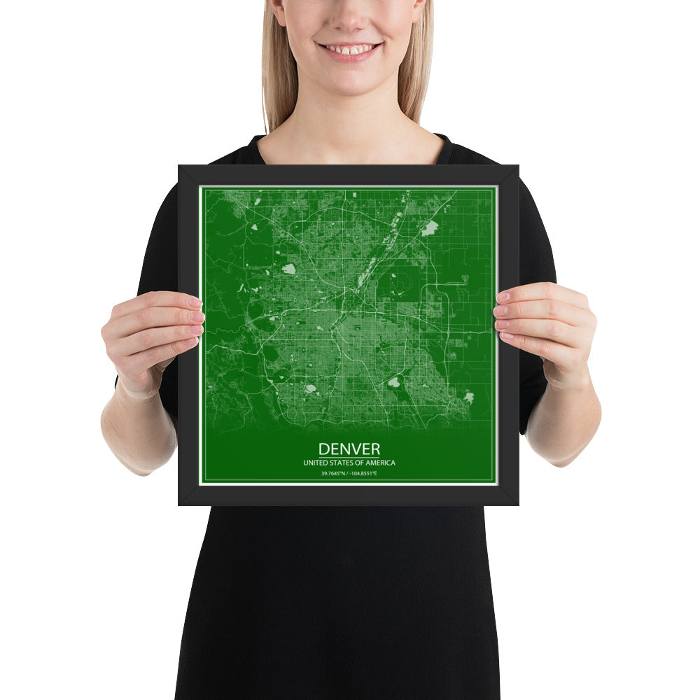 Denver Green and White Framed Map