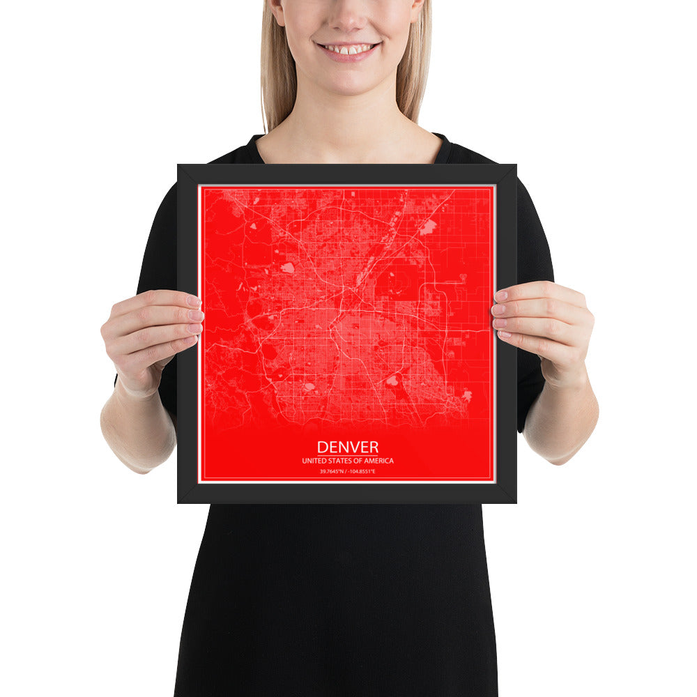 Denver Red and White Framed Map