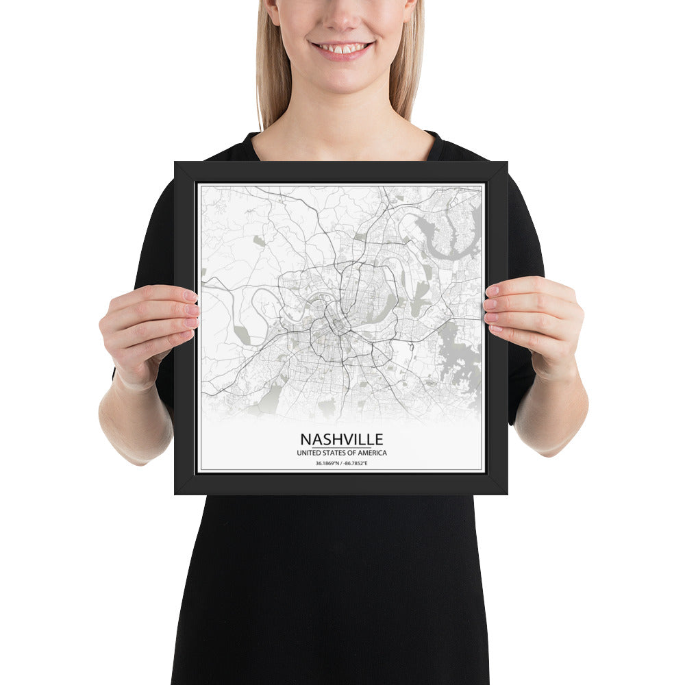 Nashville White Framed Map