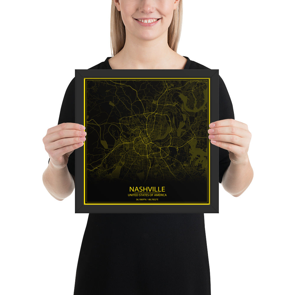 Nashville Black and Yellow Framed Map