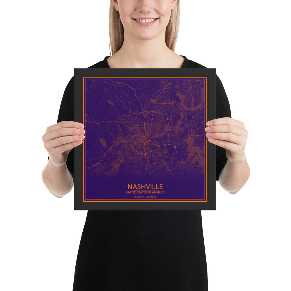 Nashville Purple and Orange Framed Map