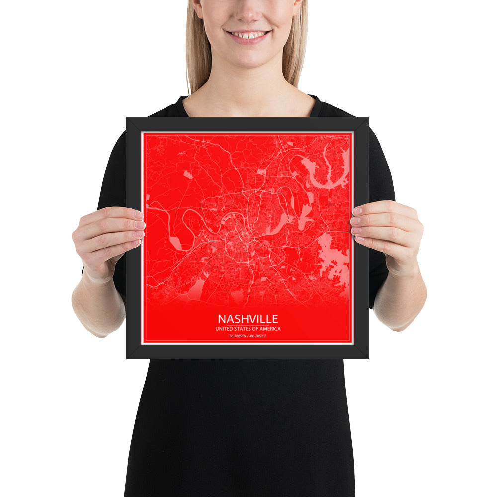 Nashville Red and White Framed Map