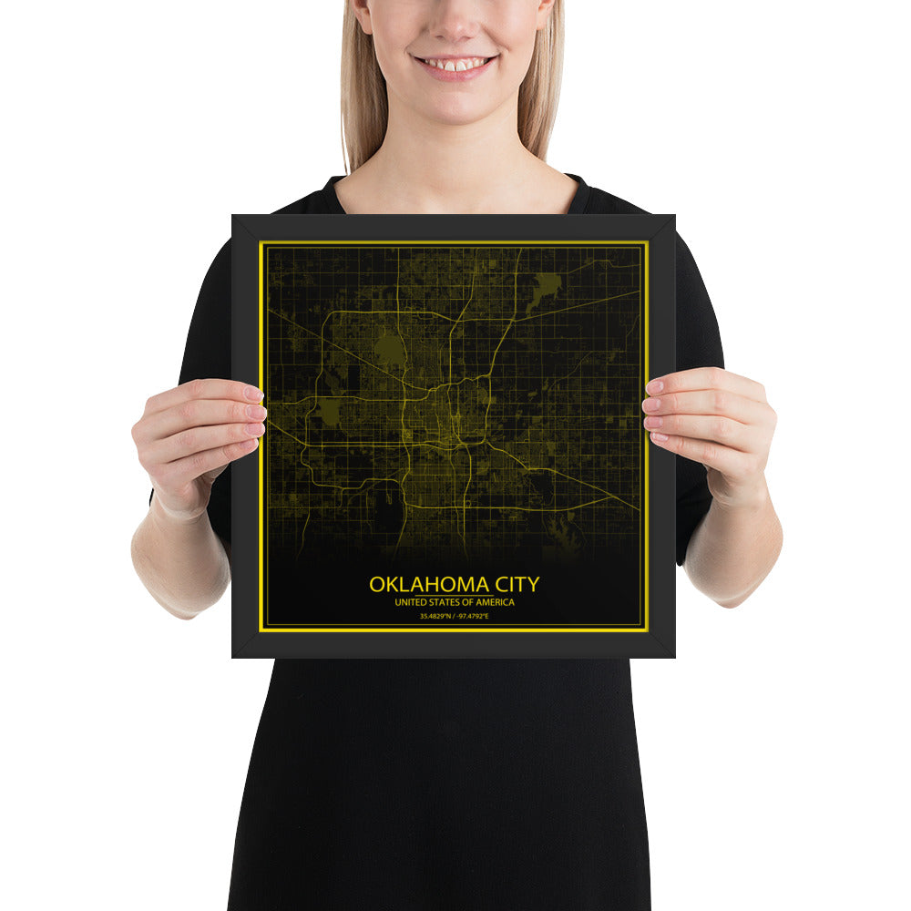 Oklahoma City Black and Yellow Framed Map