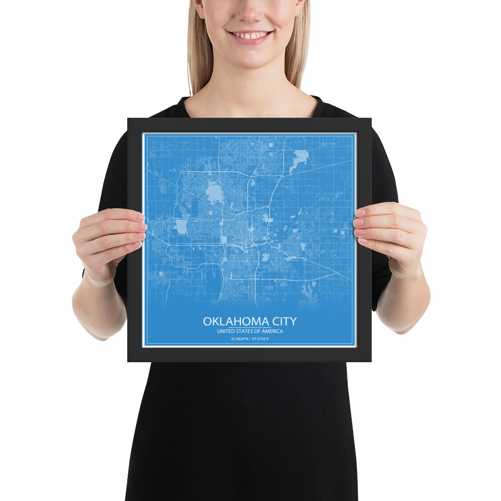 Oklahoma City Blue and White Framed Map