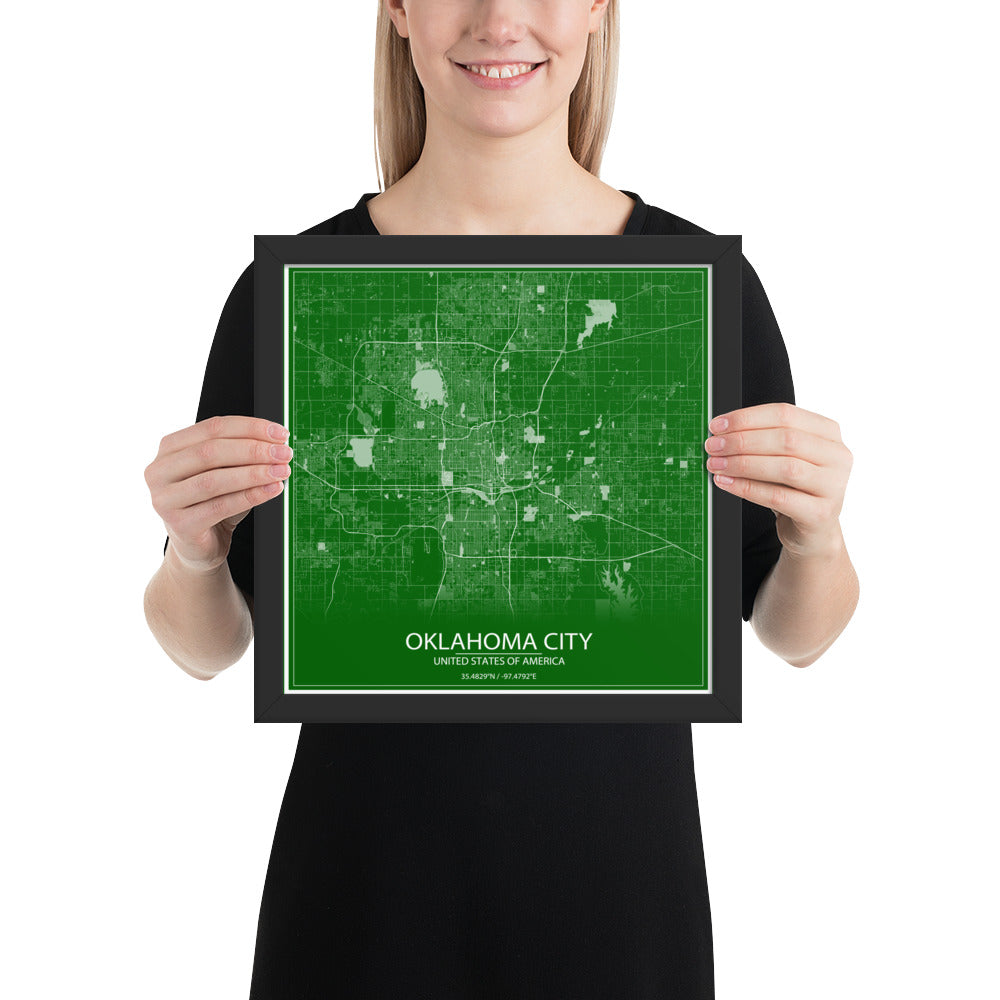 Oklahoma City Green and White Framed Map