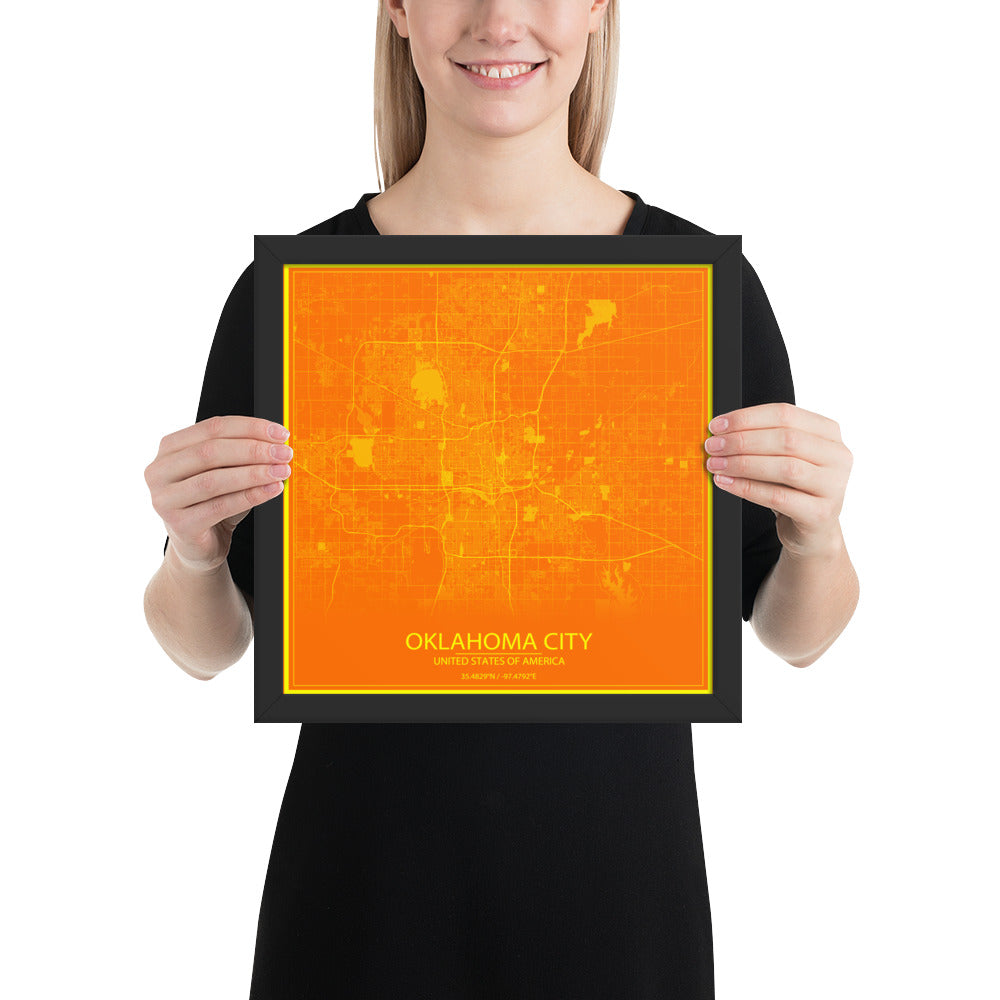 Oklahoma City Orange and Yellow Framed Map