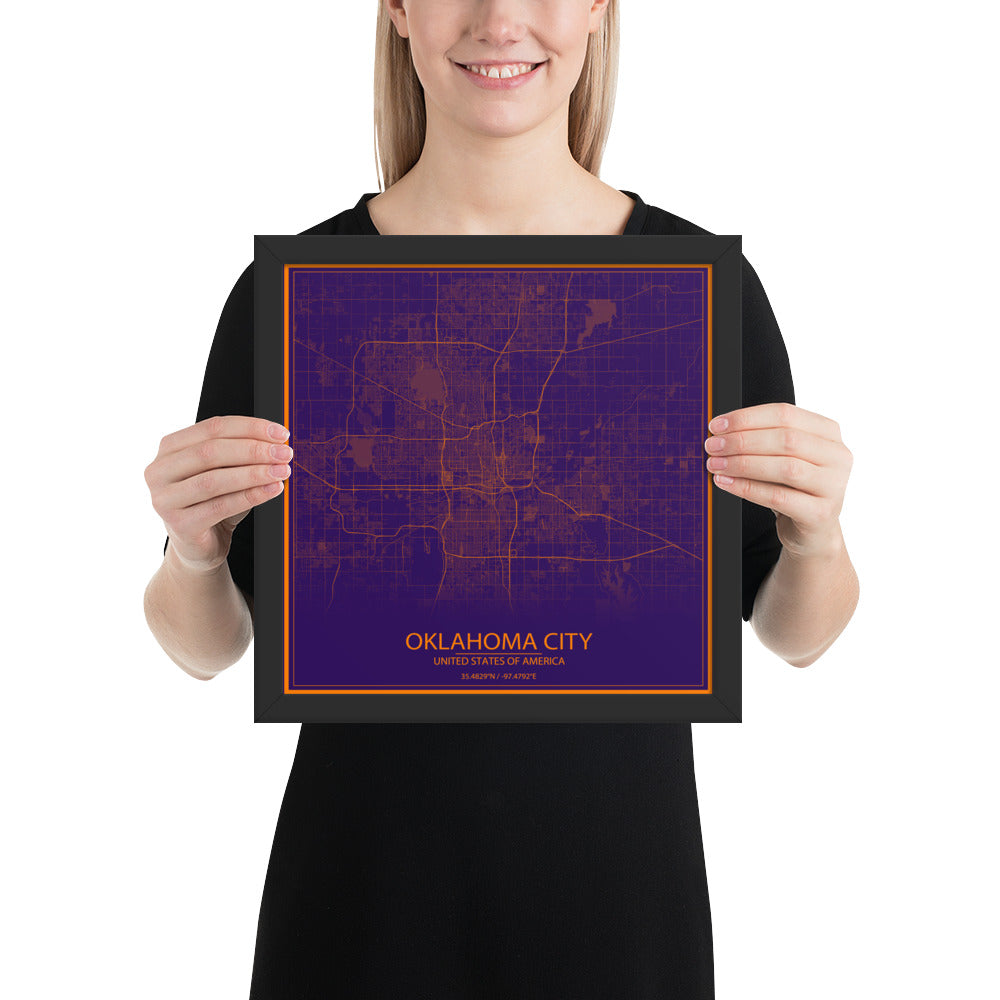 Oklahoma City Purple and Orange Framed Map