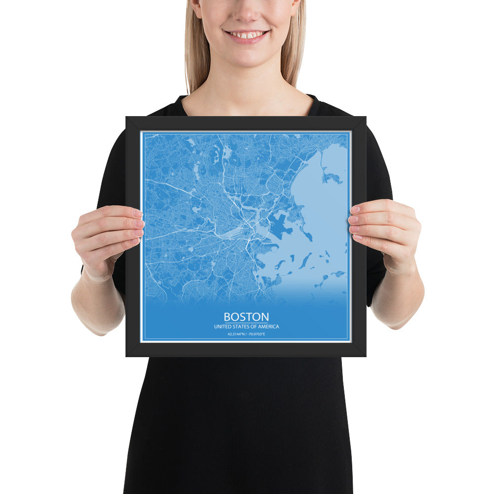 Boston Blue and White Framed Map